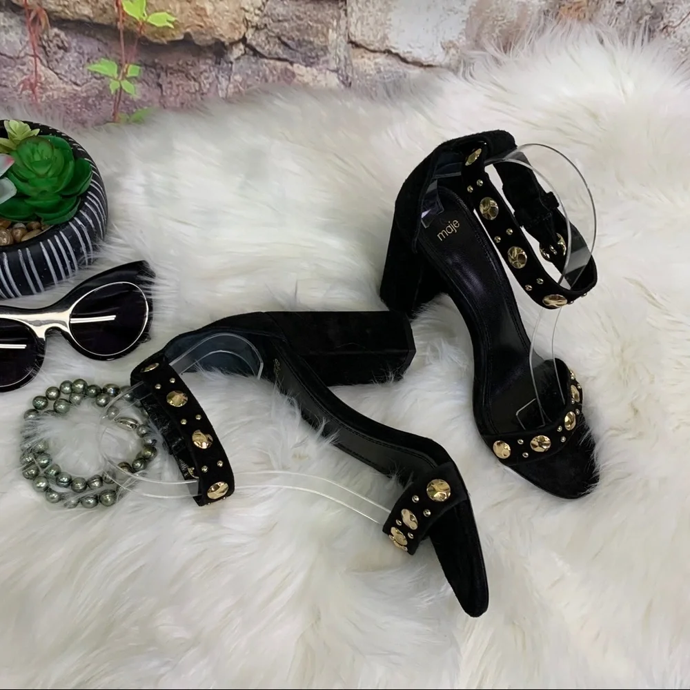 MAJE Quiet Luxury Black Suede Ankle Strap Embellished Sandals, 9